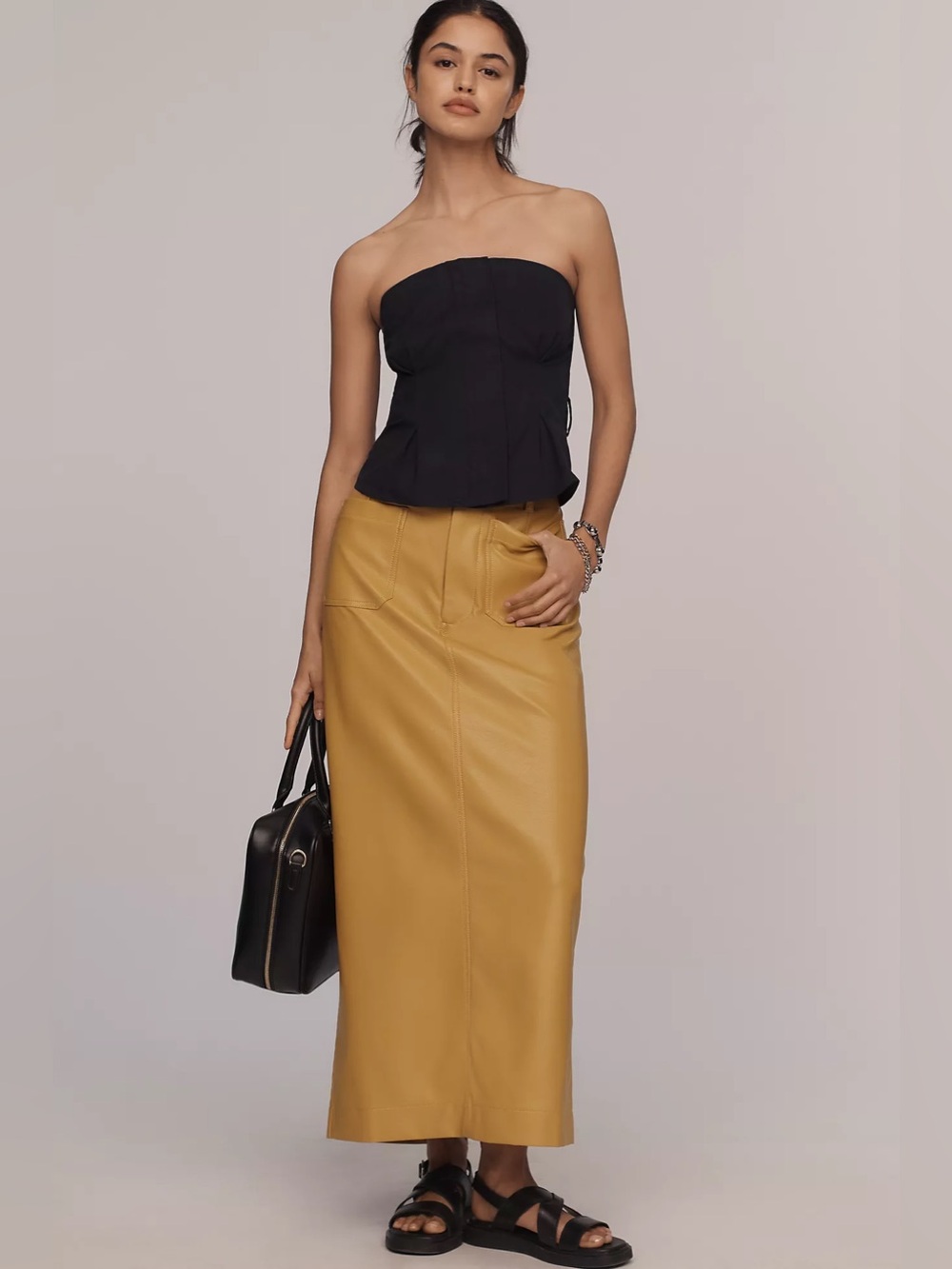 Maeve Colette Mustard Faux Leather Maxi Skirt Size Medium